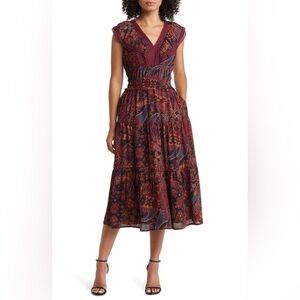 TAHARI ASL Print Lace Trim Tiered Midi Dress - Size 8